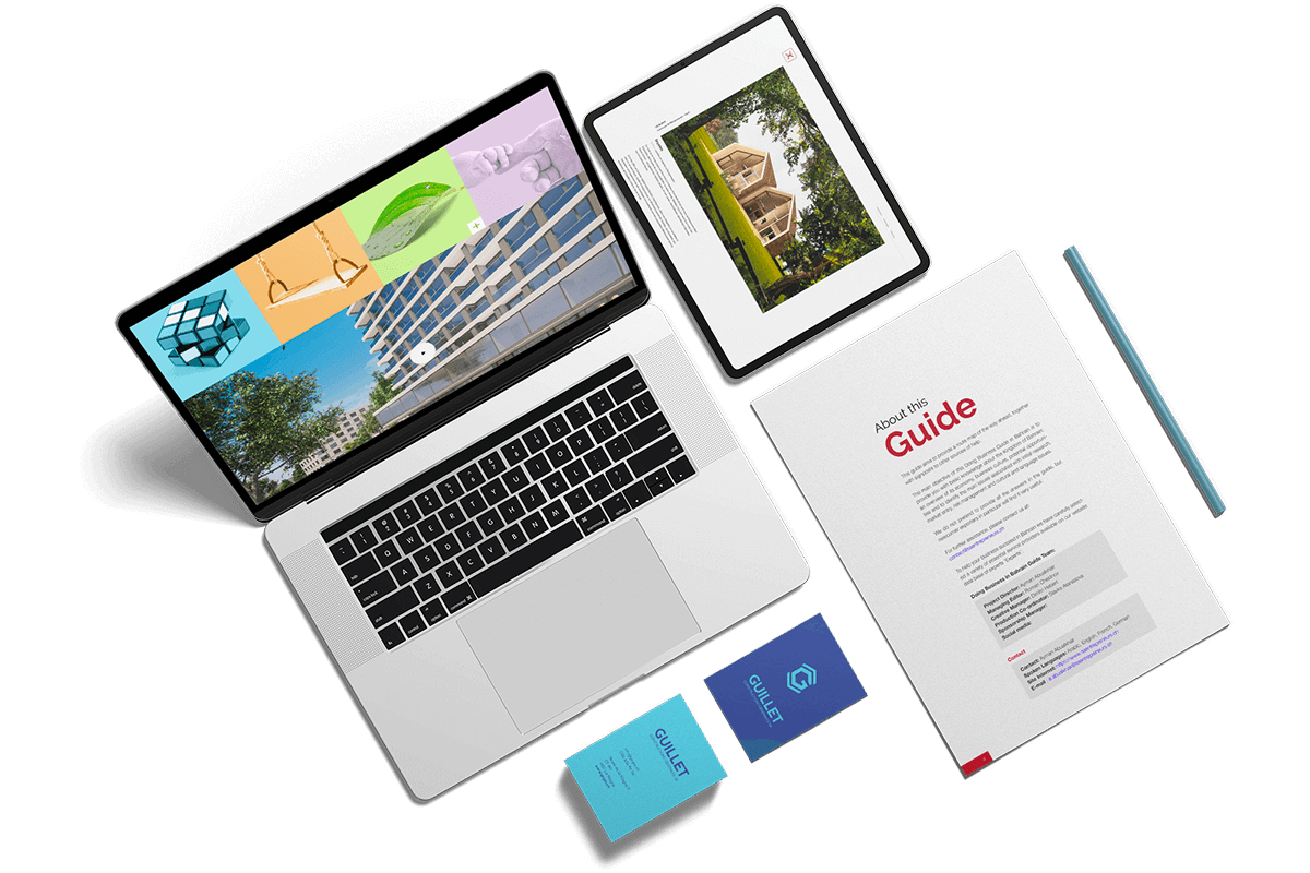 Ordinateur avec création de site, tablette avec site responsive, carte de visite et brochures réalisés par l'agence de communication igeneve
